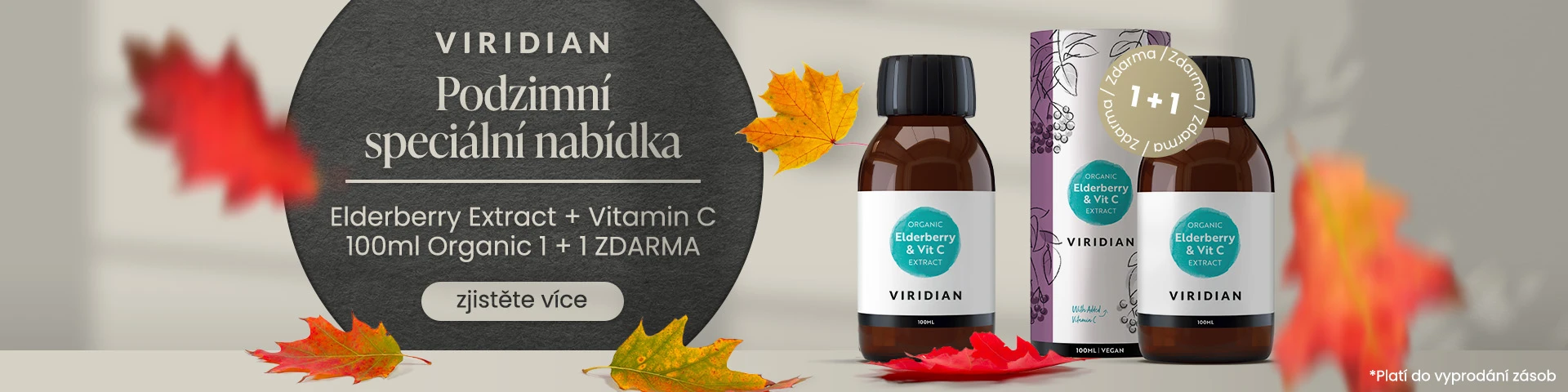 Podzimní akce Viridian – k BIO Elderberry Extract + Vitamin C 100ml dostanete druhý zdarma. Černý bez a vitamín C posilují obranný štít.